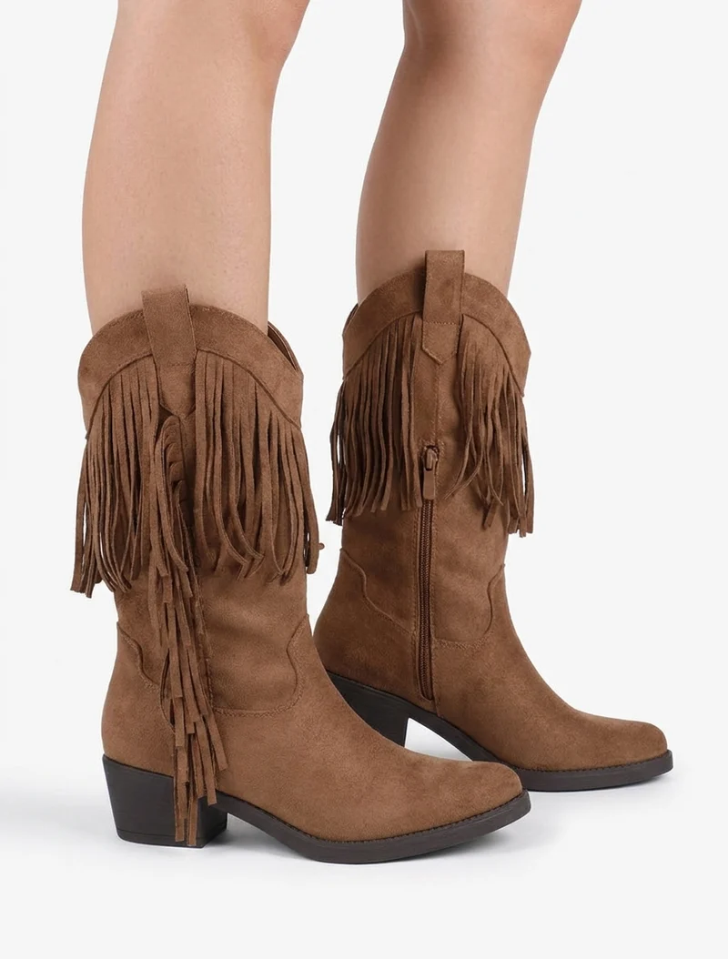 Bottines style santiags à franges - Camel