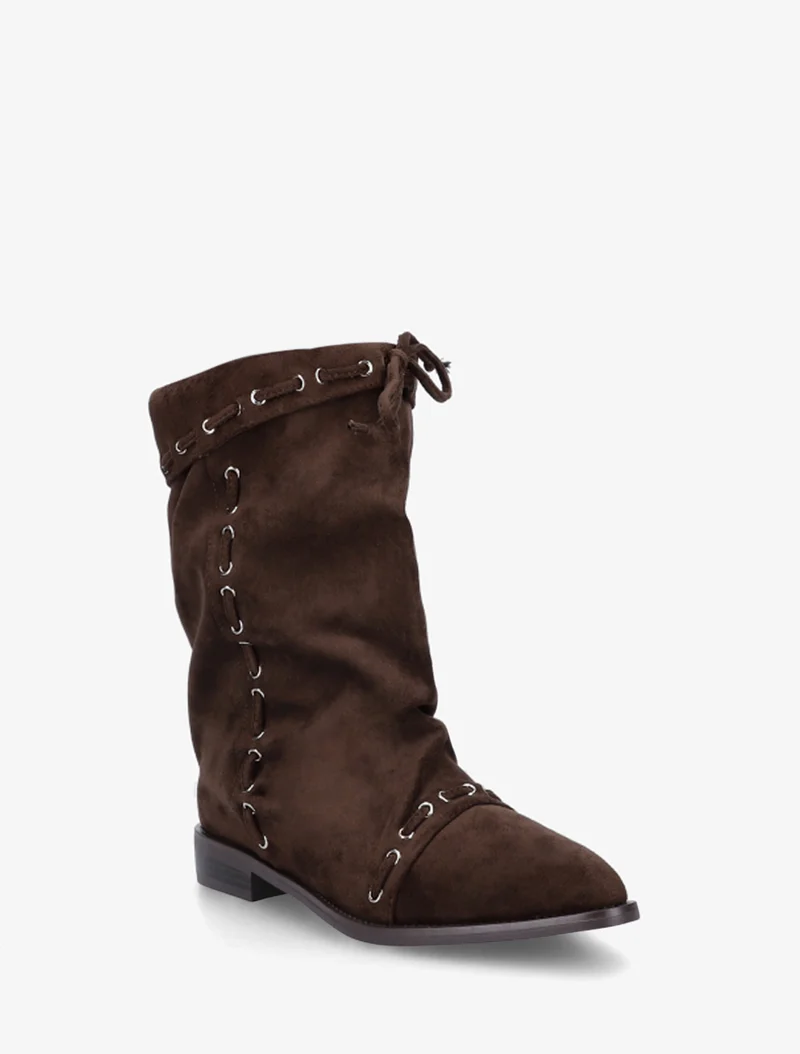 Bottines en suédine à cordons de serrage - Marron