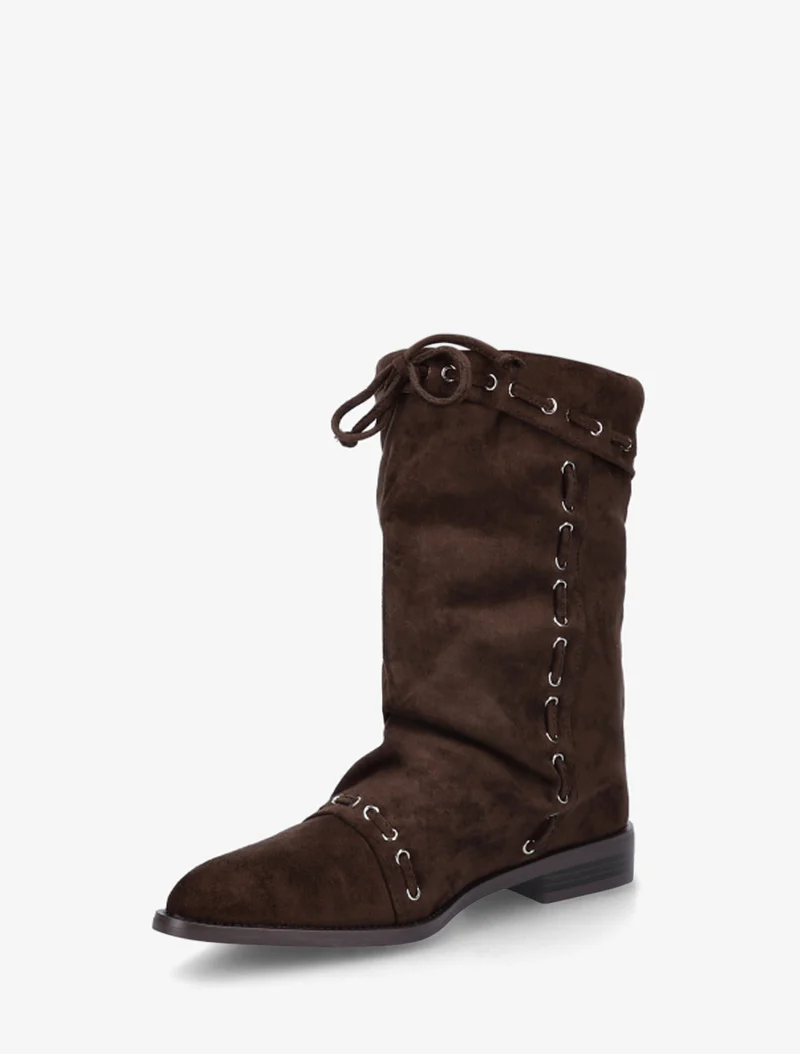 Bottines en suédine à cordons de serrage - Marron