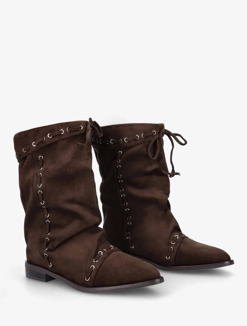 Bottines en suédine à cordons de serrage - Marron