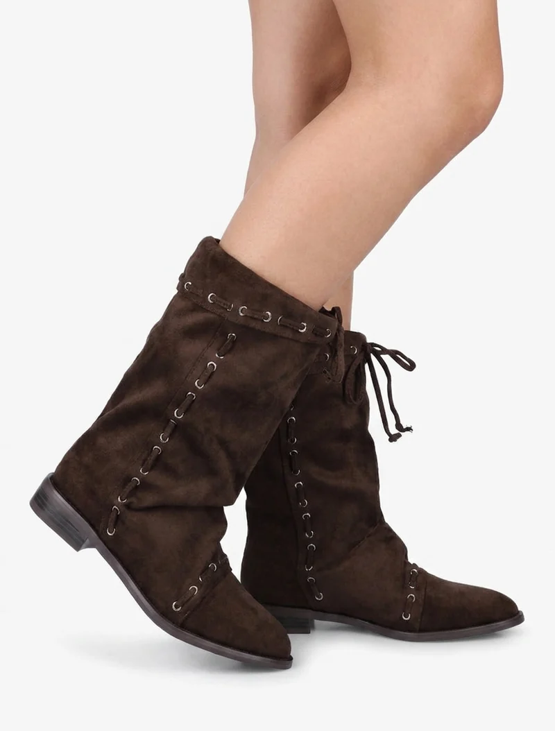 Bottines en suédine à cordons de serrage - Marron