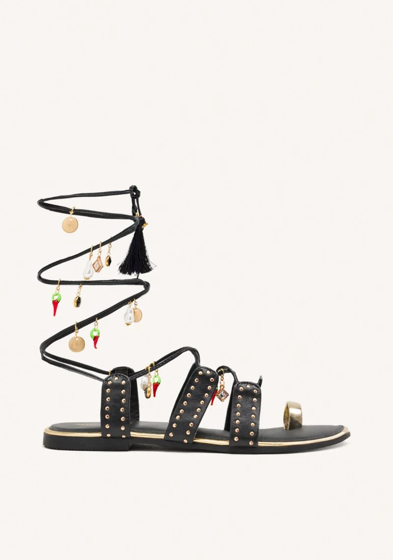 LEATHER SANDALS WITH BEADS AND STUDS IONE
