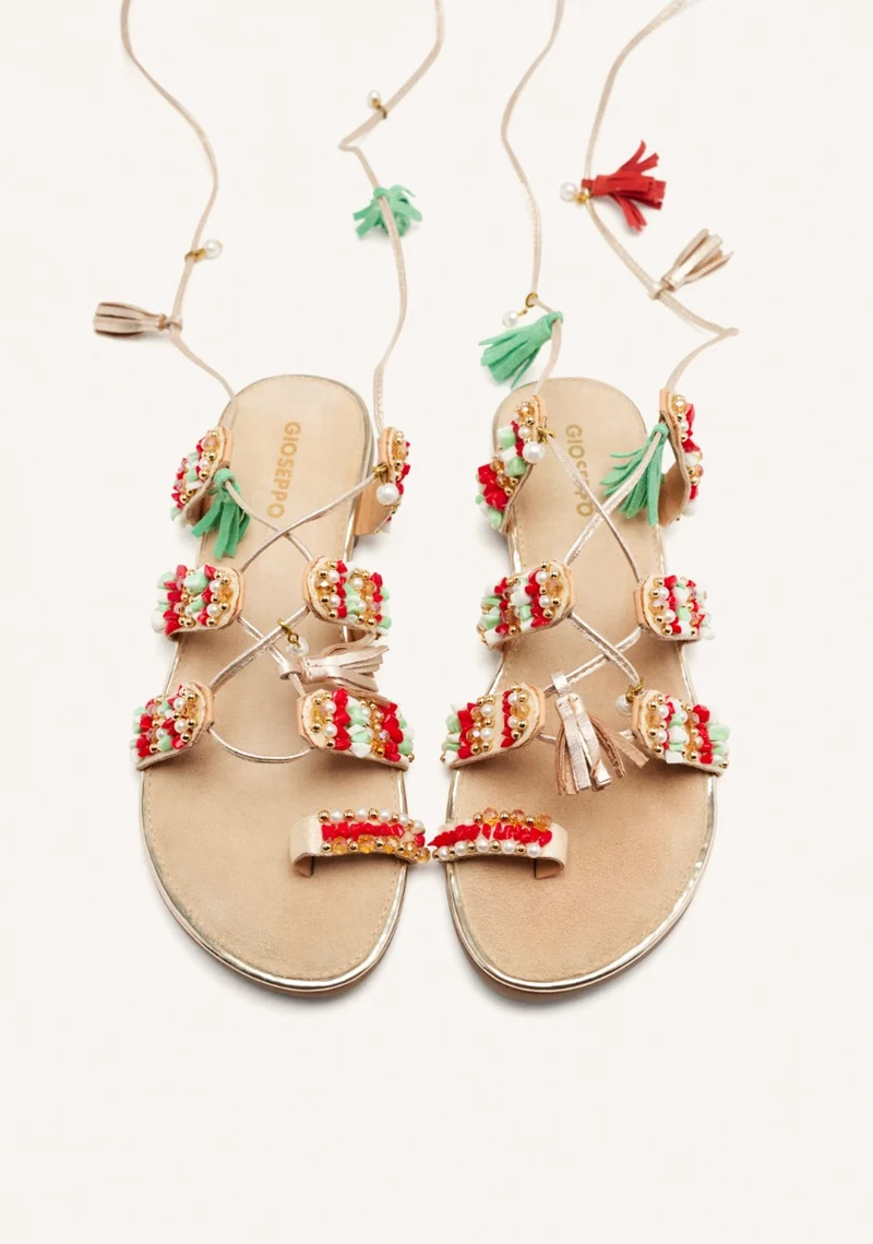 LEATHER SANDALS WITH FRINGES AND BEADS NUBO