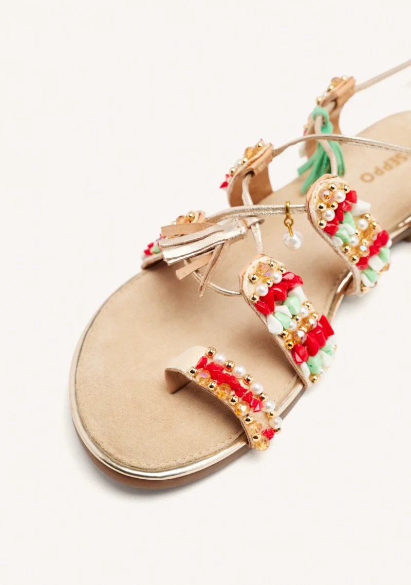 LEATHER SANDALS WITH FRINGES AND BEADS NUBO