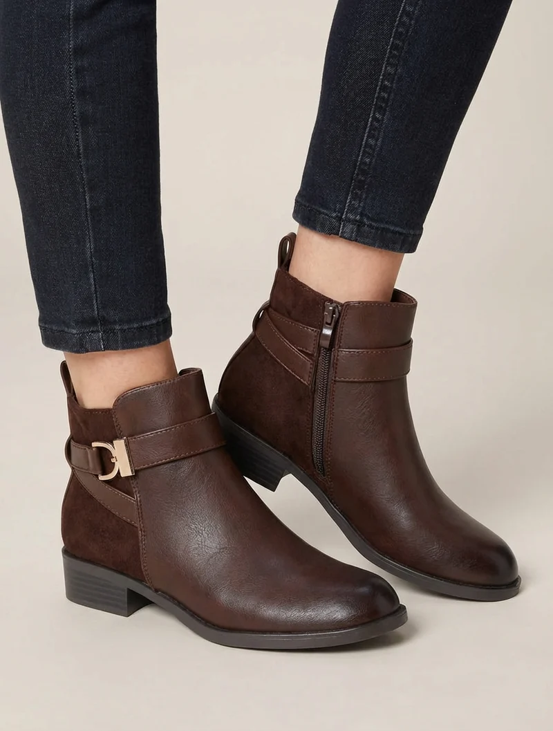 Bottines bi-matière à boucle métallique - Marron
