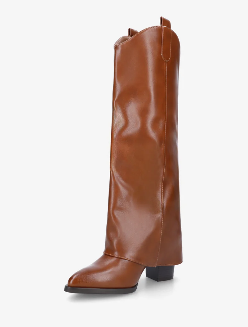 Bottes à talon et revers en simili - Camel