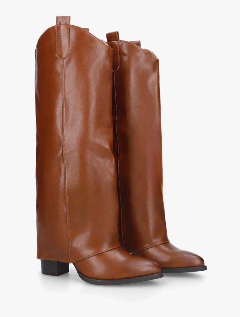 Bottes à talon et revers en simili - Camel