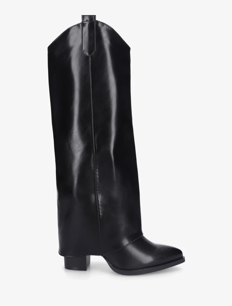 Bottes à talon et revers en simili - Noir