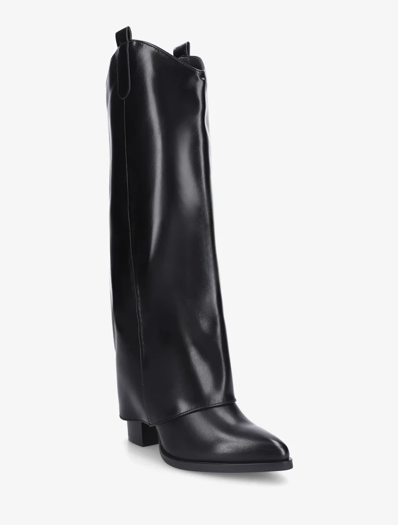 Bottes à talon et revers en simili - Noir
