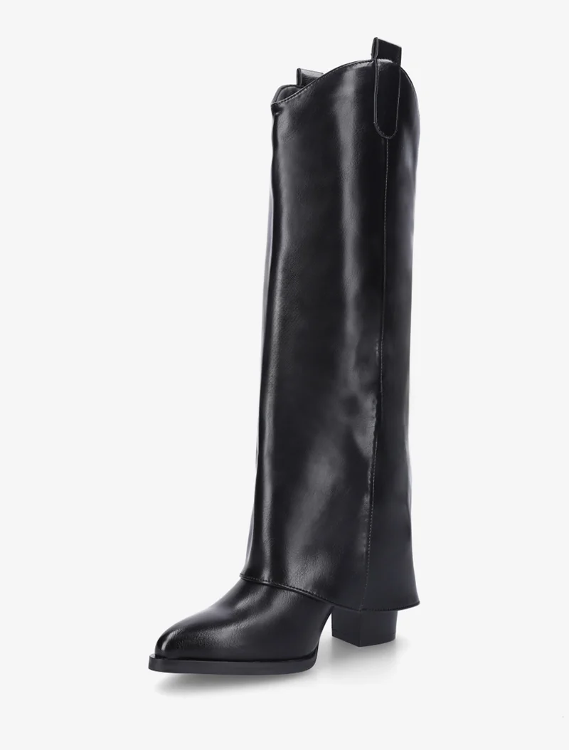 Bottes à talon et revers en simili - Noir