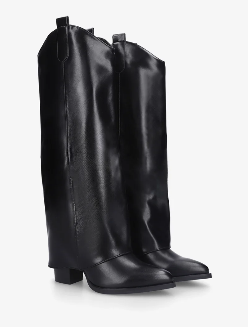 Bottes à talon et revers en simili - Noir