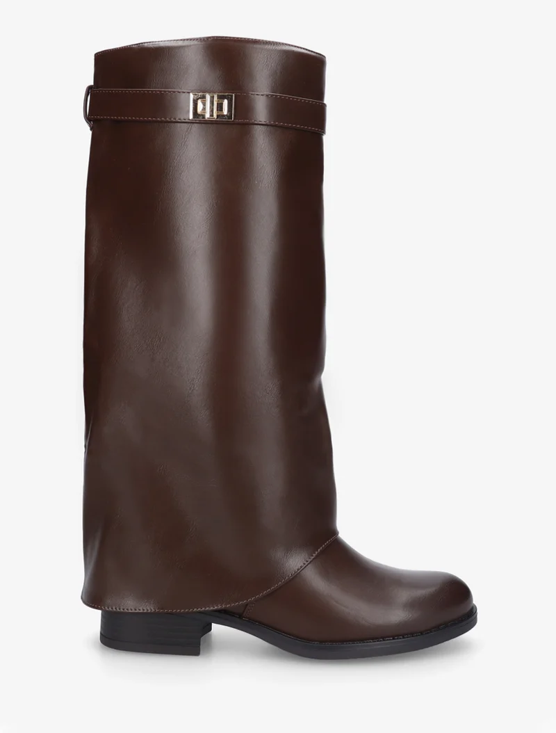 Bottes plates à revers et empiècement métal - Marron