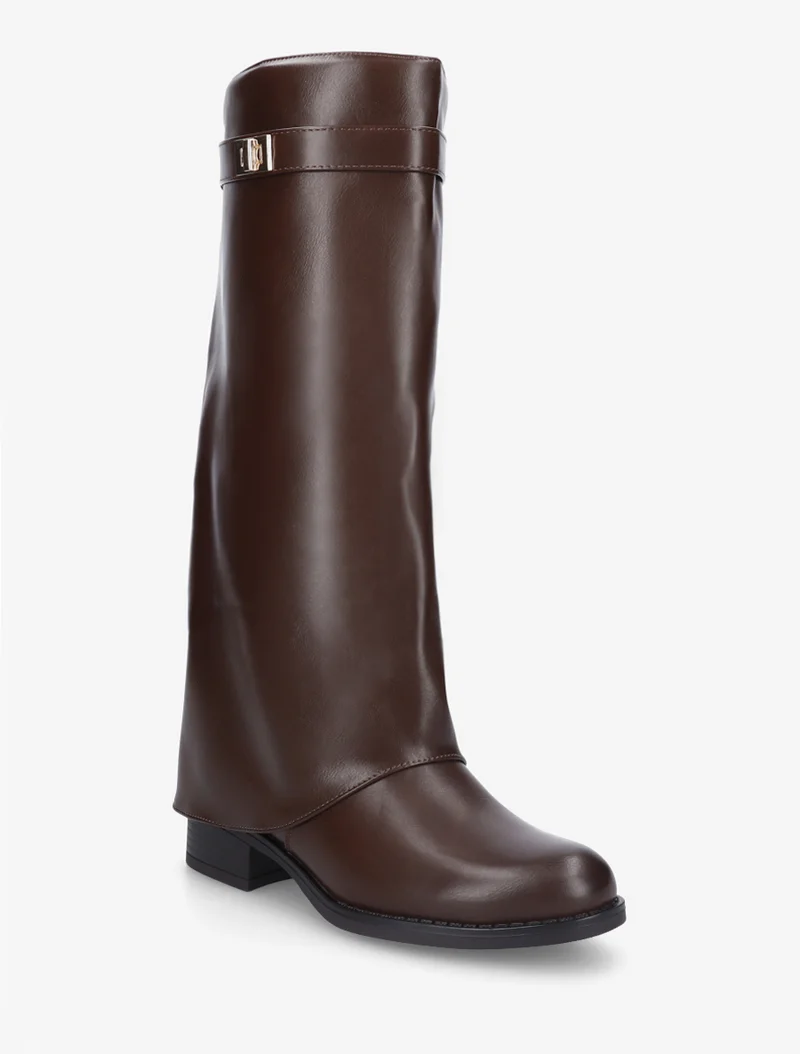Bottes plates à revers et empiècement métal - Marron