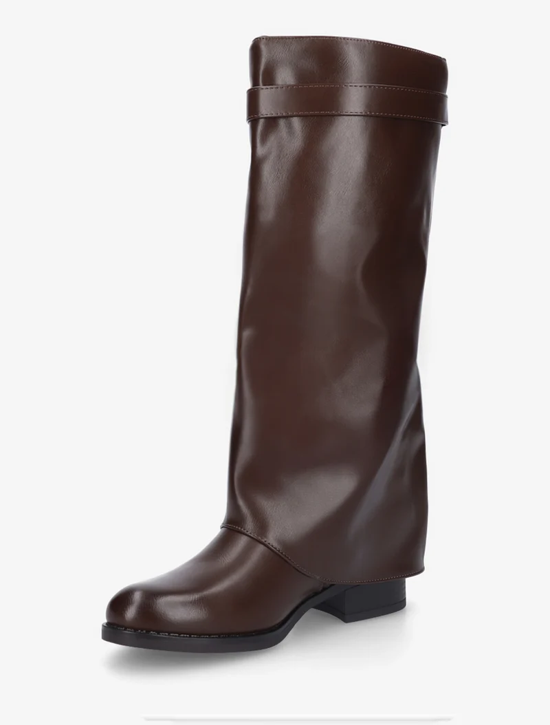 Bottes plates à revers et empiècement métal - Marron