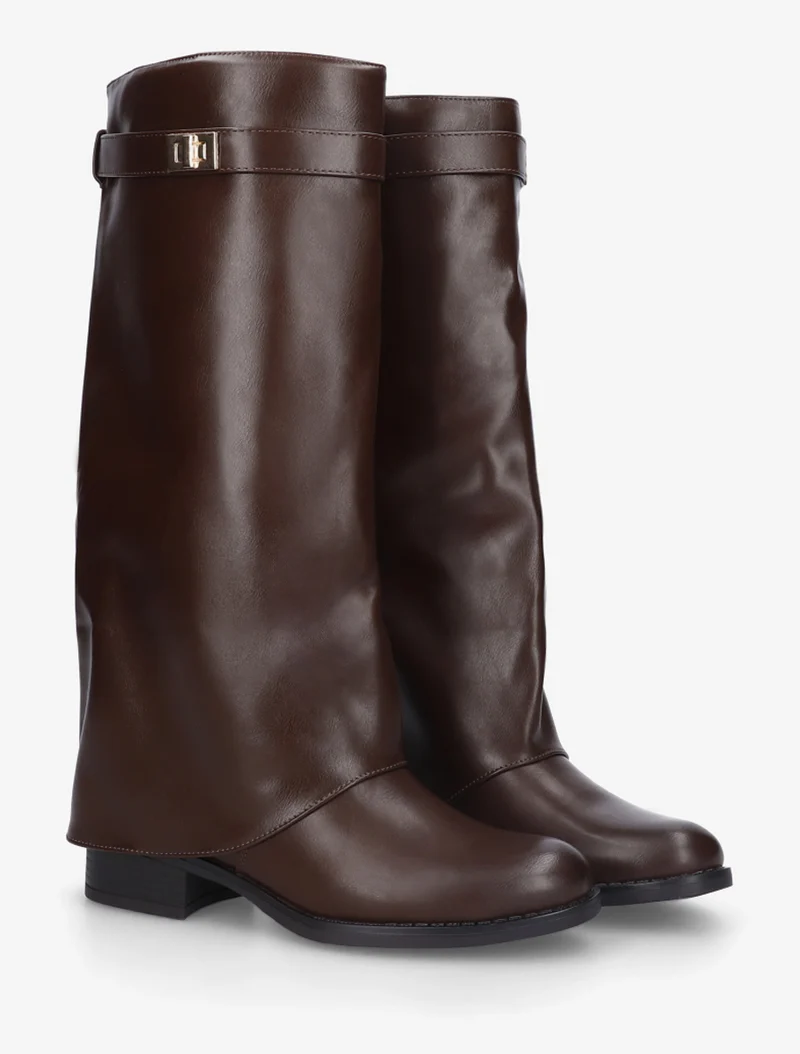 Bottes plates à revers et empiècement métal - Marron