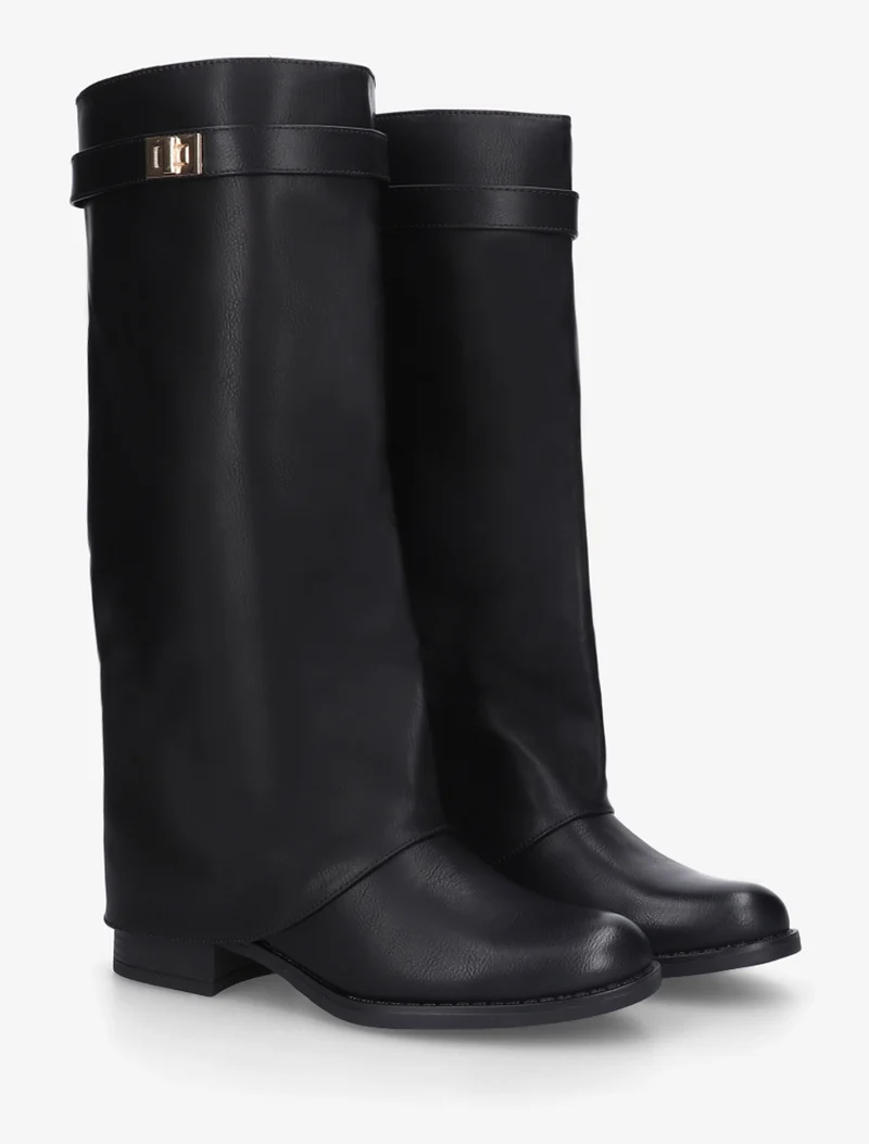 Bottes plates à revers et empiècement métal - Noir