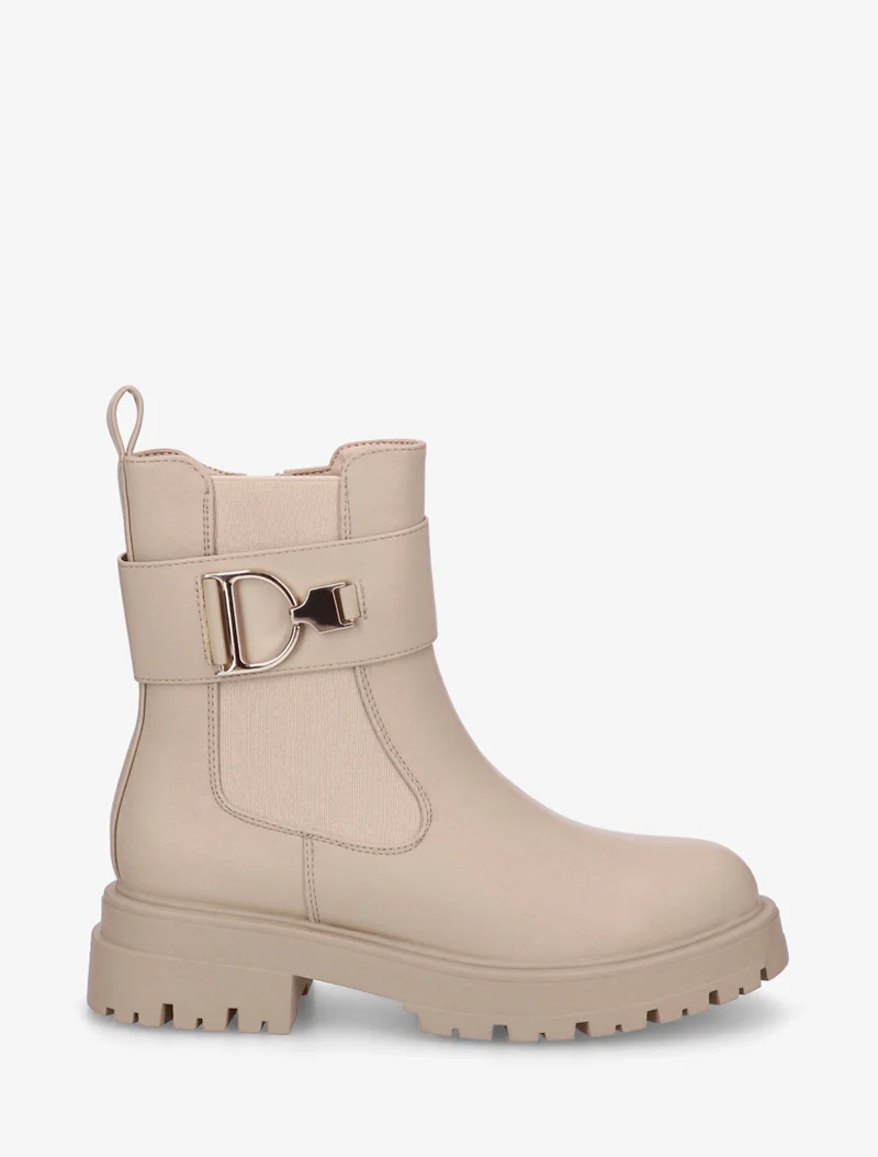 Bottines montantes à boucle décorative dorée - Beige