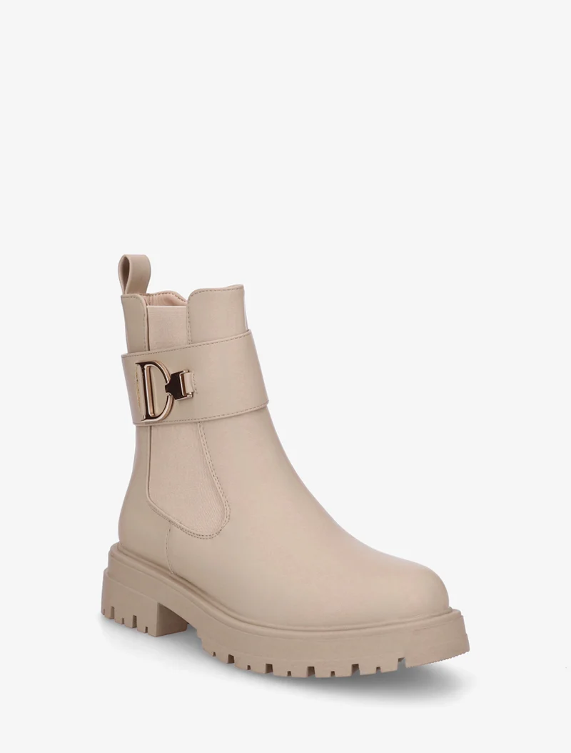 Bottines montantes à boucle décorative dorée - Beige