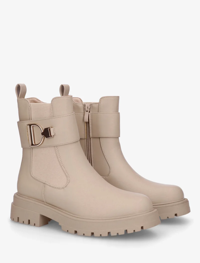 Bottines montantes à boucle décorative dorée - Beige