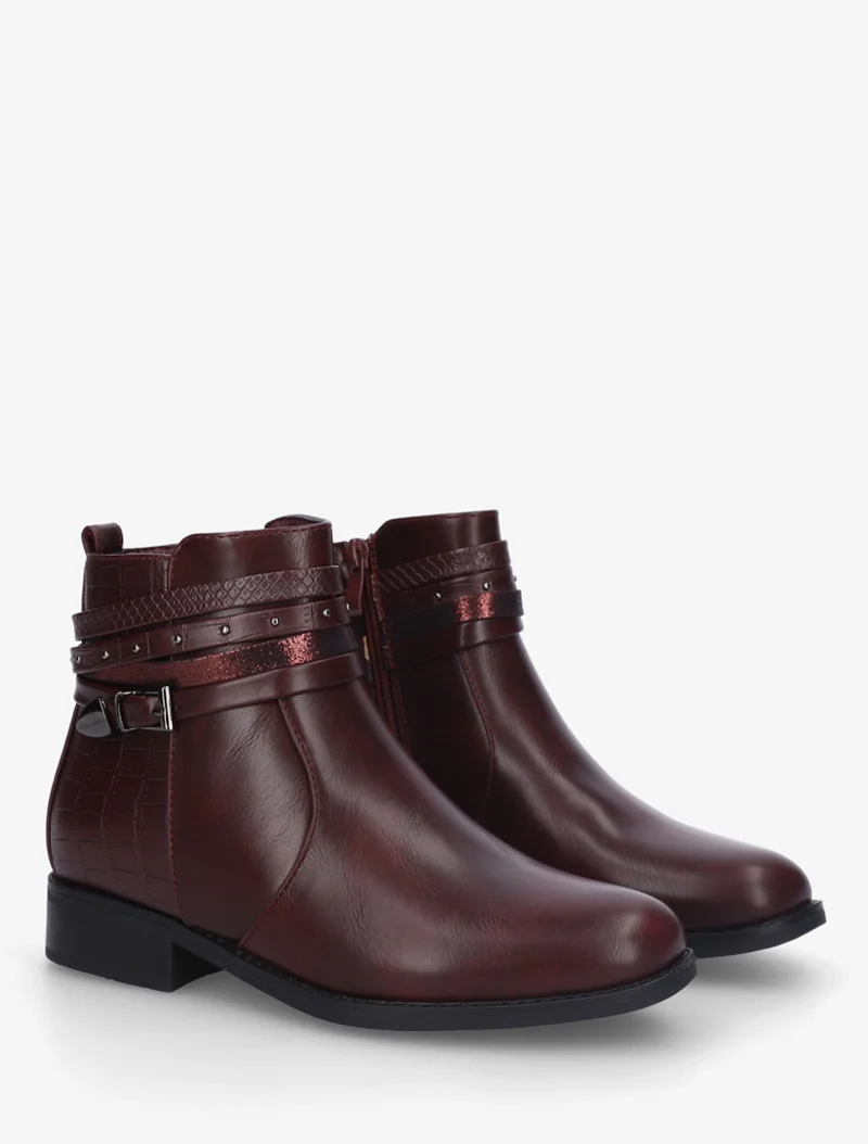 Bottines en simili à 4 brides - Lie de vin