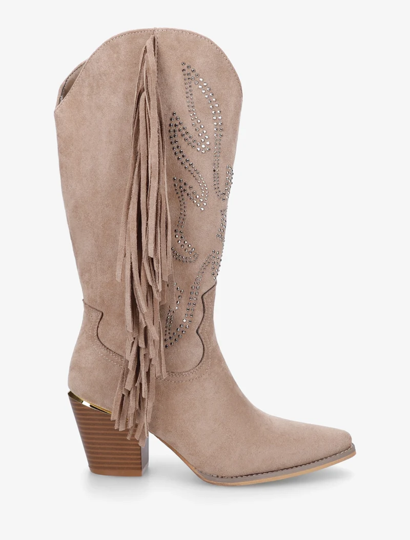 Santiags à franges en strass - Taupe