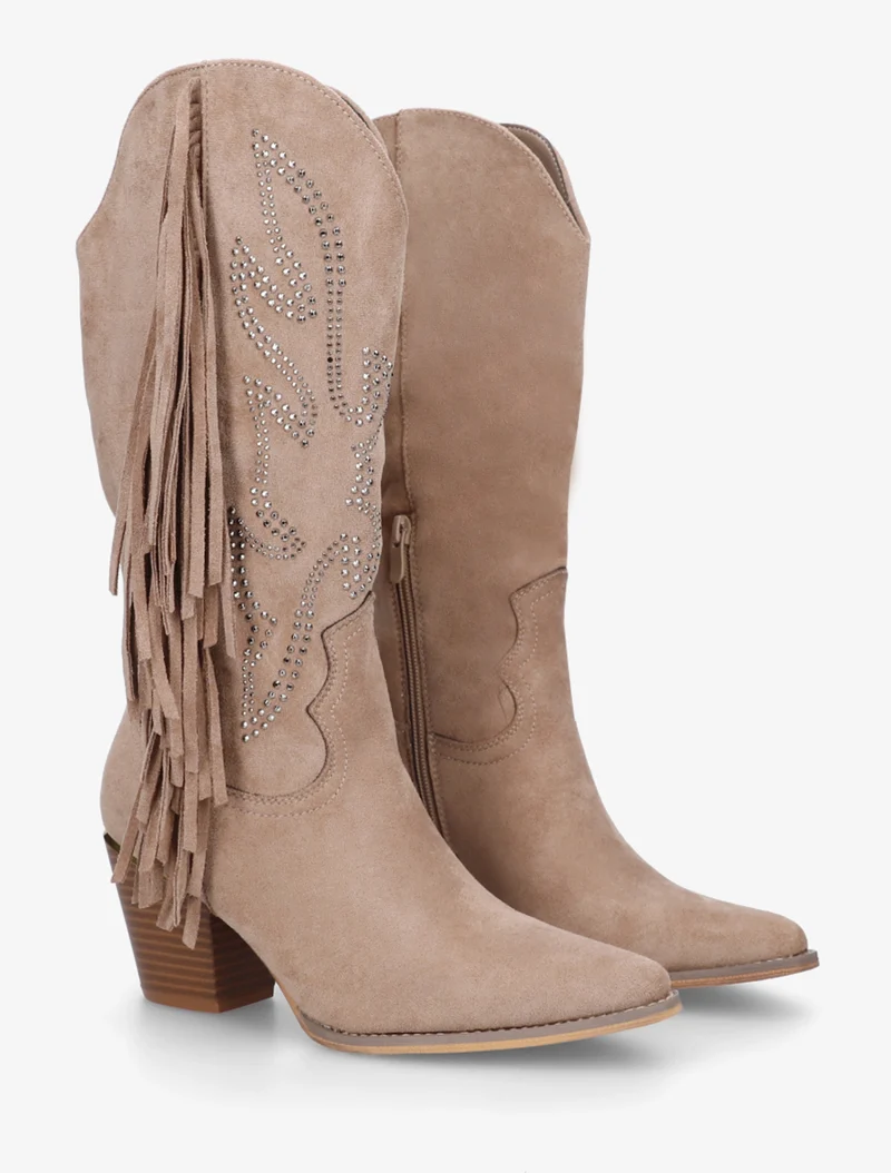 Santiags à franges en strass - Taupe
