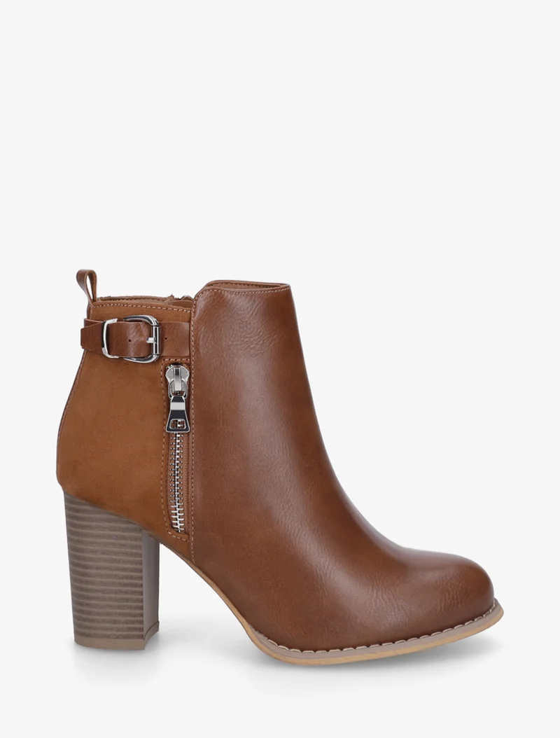 Bottines à zip décoratif et sangle - Camel