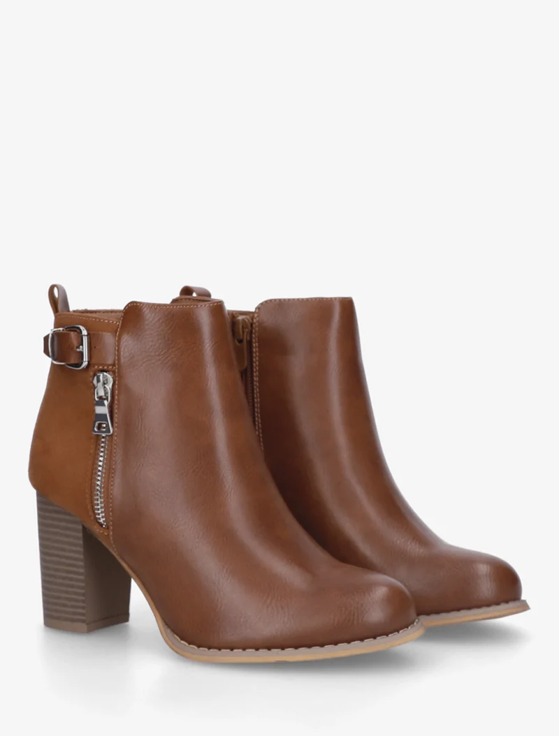 Bottines à zip décoratif et sangle - Camel