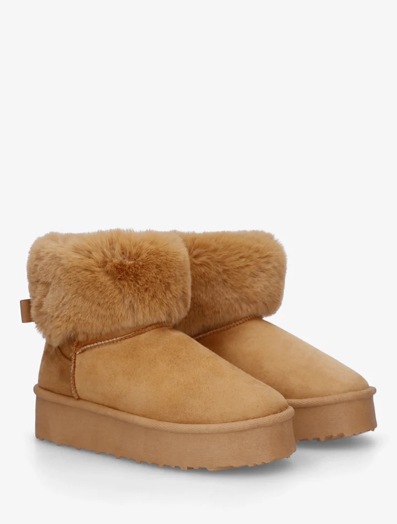 Boots fourrées à revers en fourrure synthétique - Camel