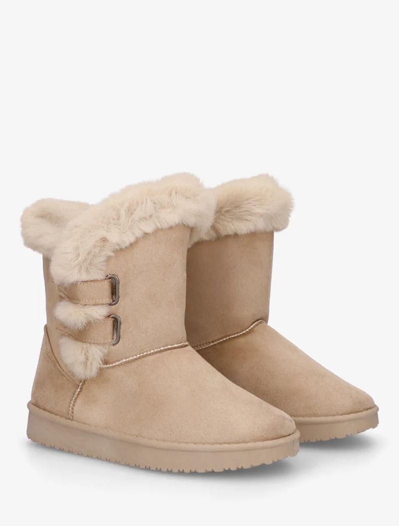 Boots en suédine fourrées à scratch - Beige
