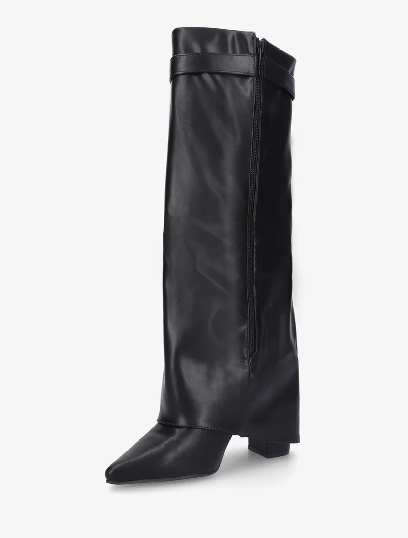 Bottes en simili à talon et revers - Noir