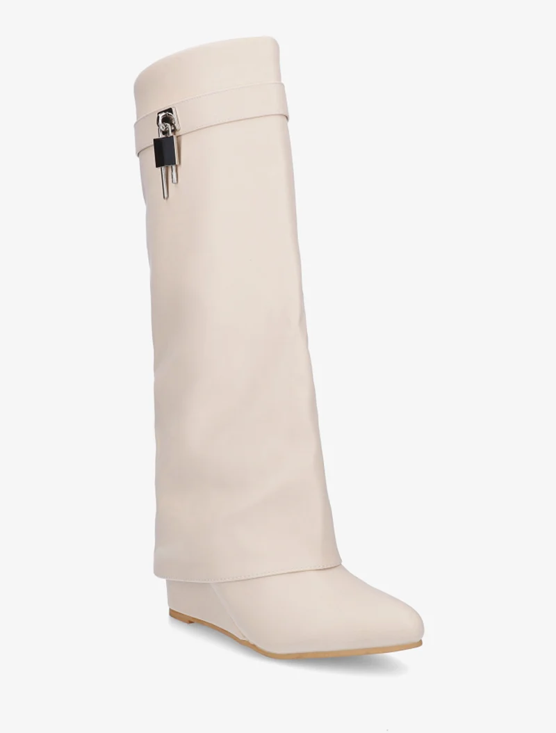 Bottes à talon compensé et revers - Beige