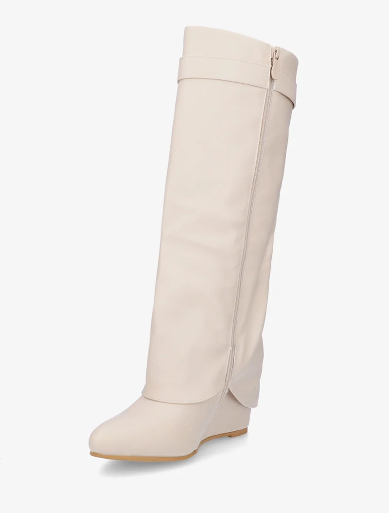 Bottes à talon compensé et revers - Beige