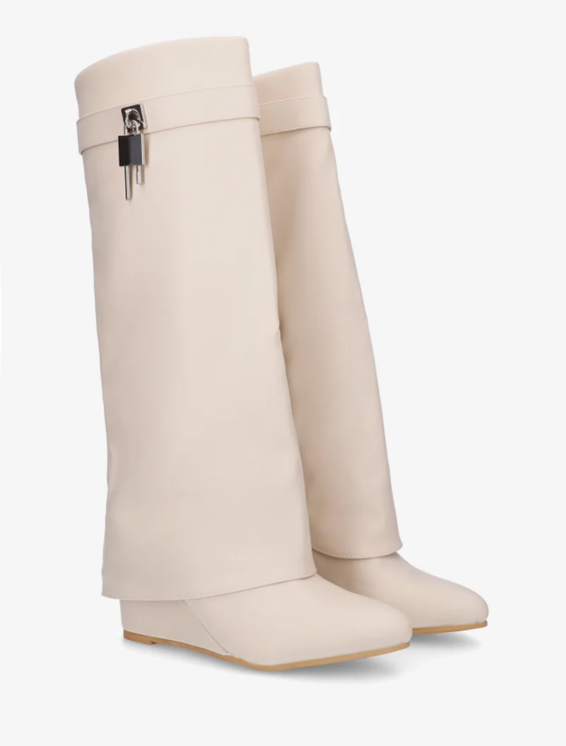 Bottes à talon compensé et revers - Beige
