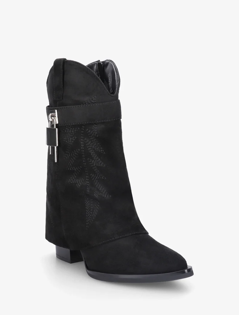 Bottines style santiags brodées à cadenas - Noir