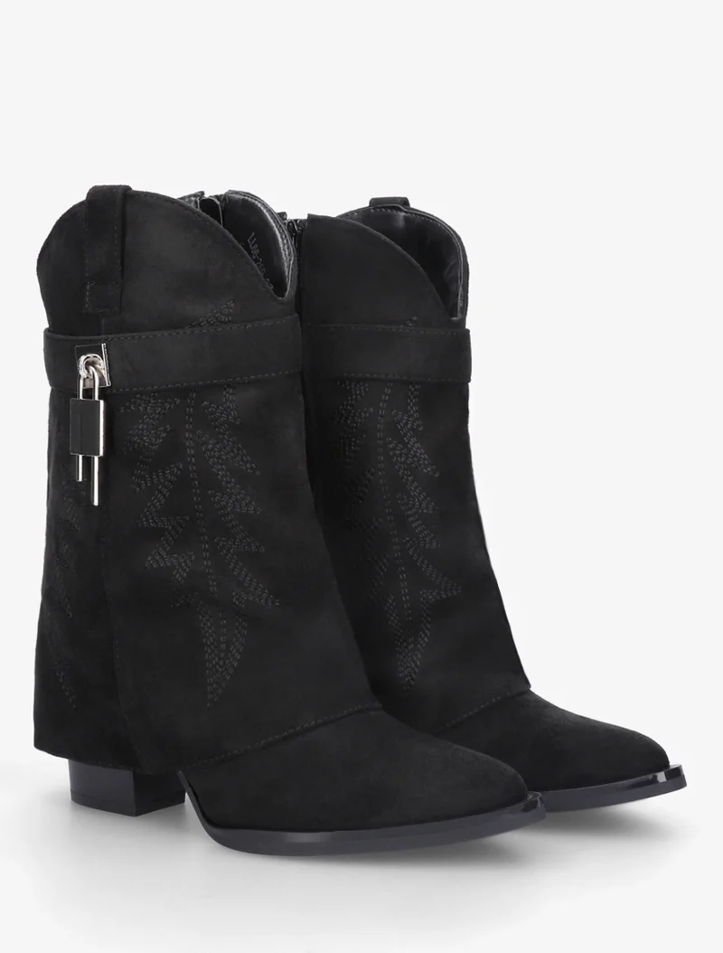 Bottines style santiags brodées à cadenas - Noir