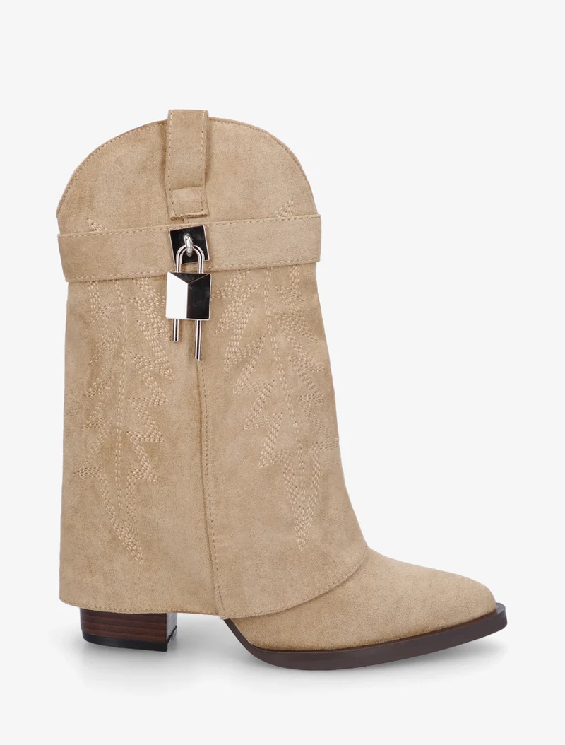 Bottines style santiags brodées à cadenas - Taupe