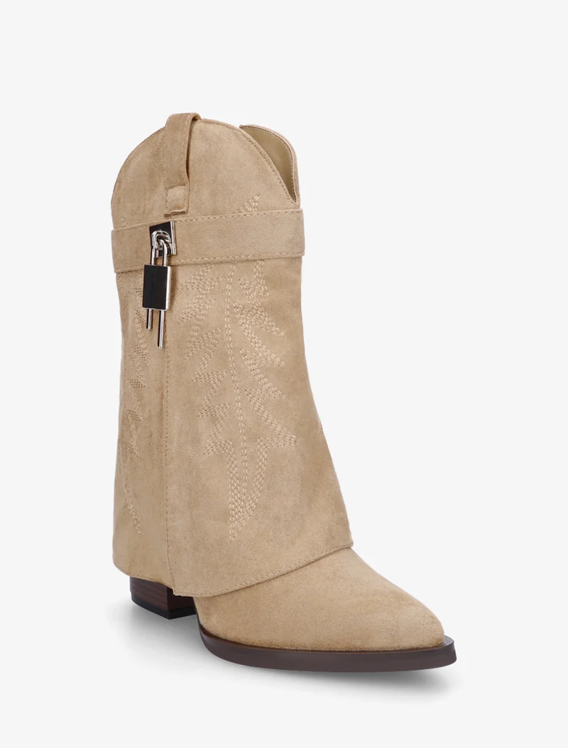 Bottines style santiags brodées à cadenas - Taupe