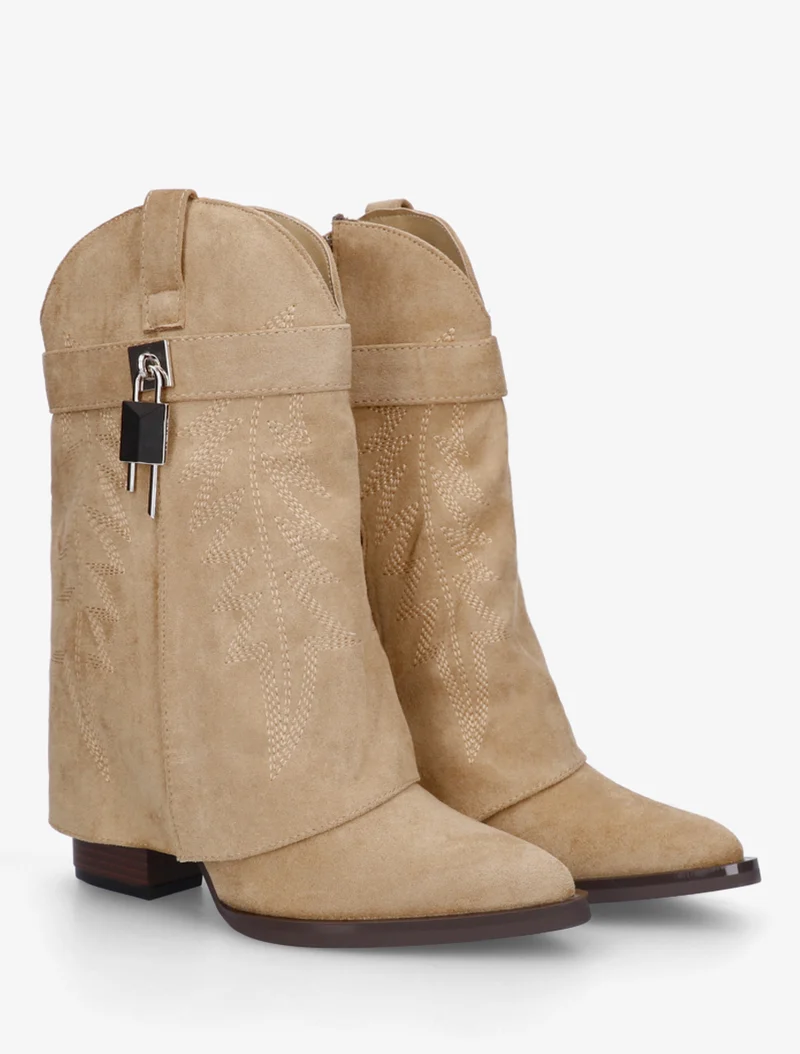 Bottines style santiags brodées à cadenas - Taupe