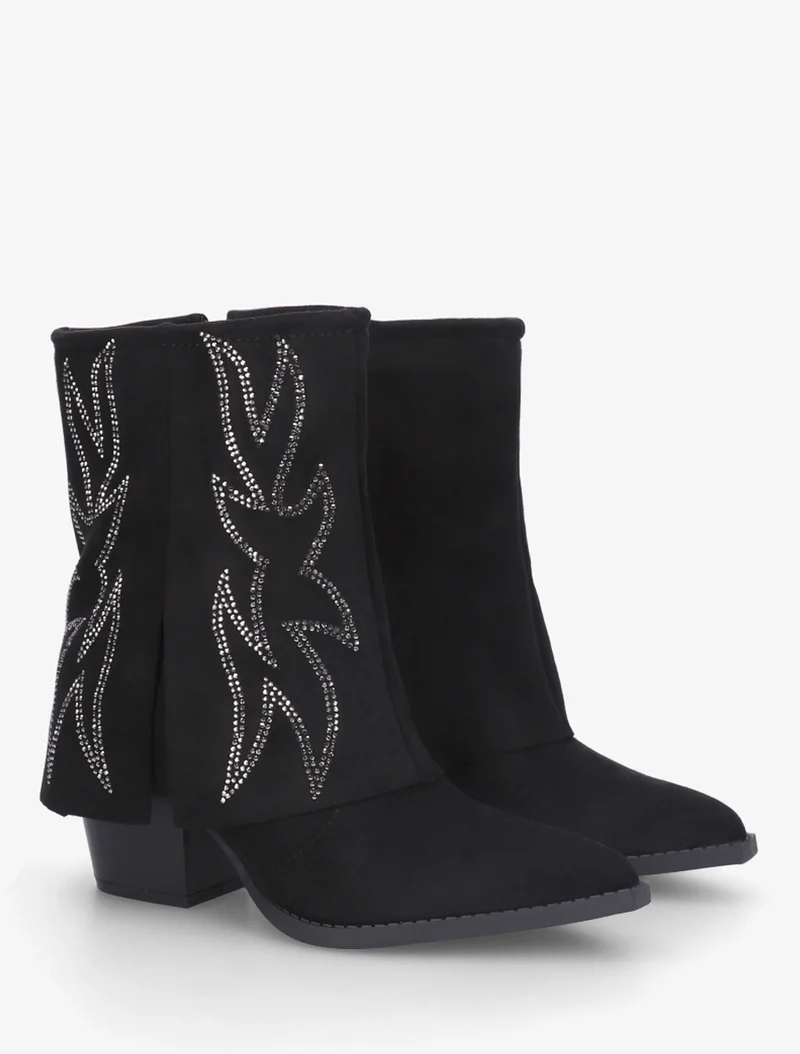 Bottines style santiags à strass - Noir