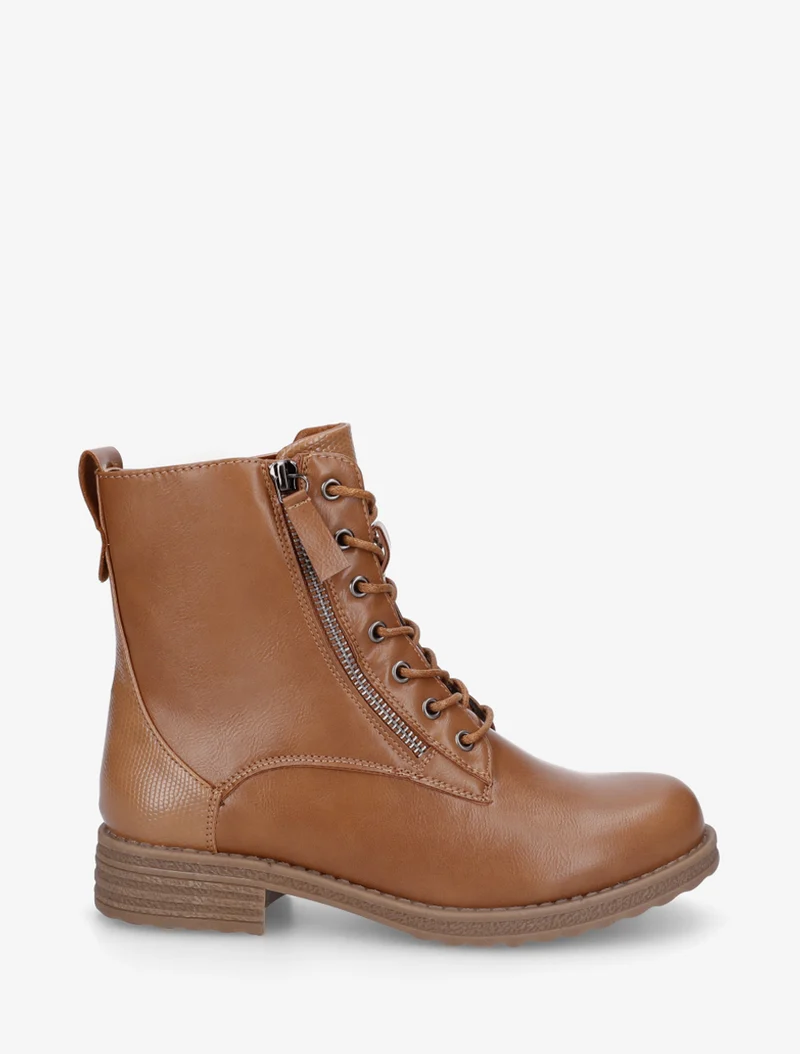 Bottines en simili à lacets et zip décoratif - Camel