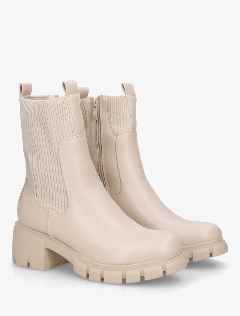 Bottines montantes bi-matière à semelle crantée - Beige