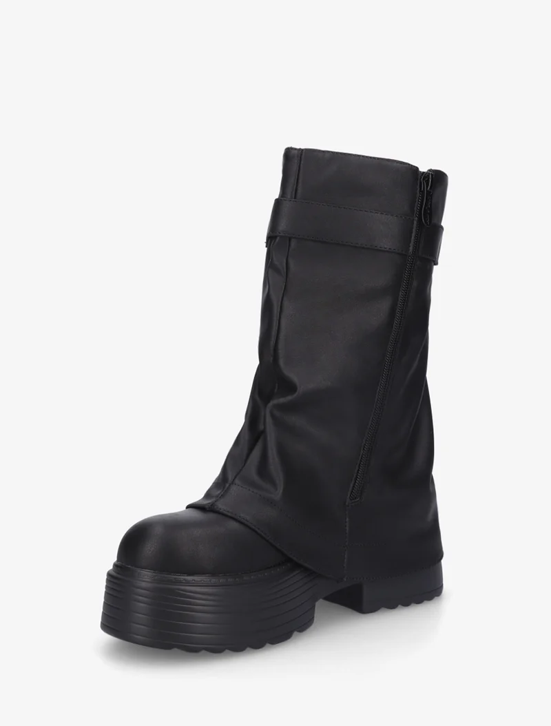 Bottines montantes à revers et zip décoratif - Noir