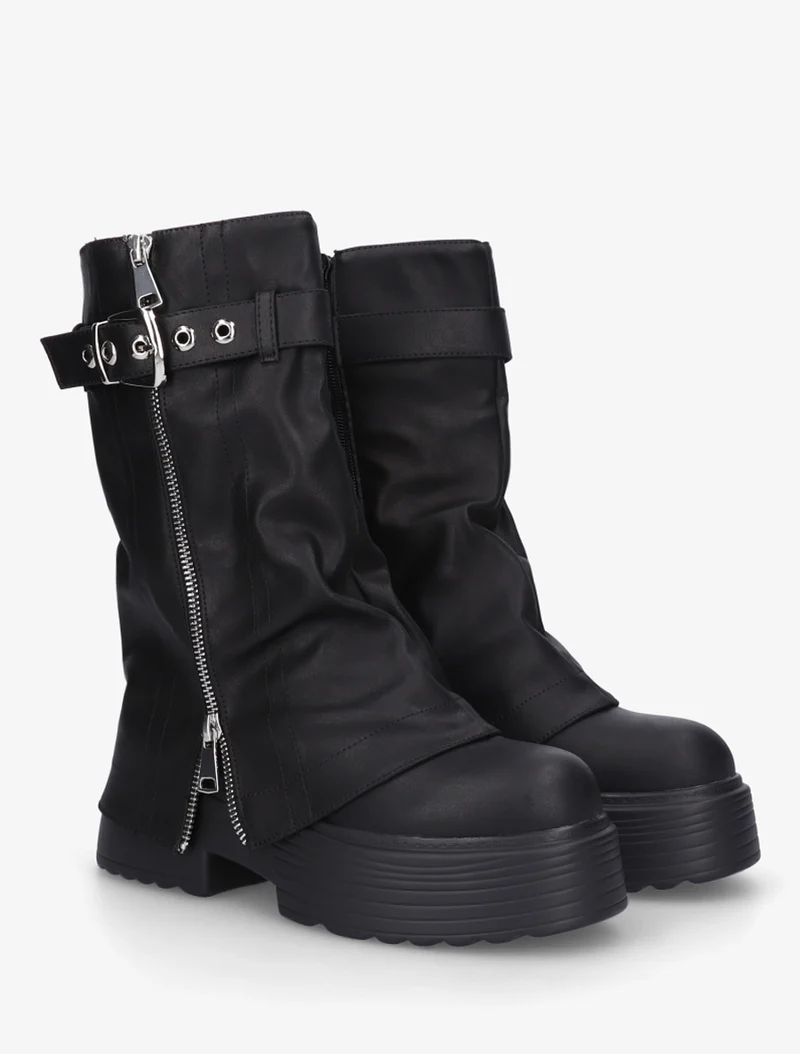 Bottines montantes à revers et zip décoratif - Noir