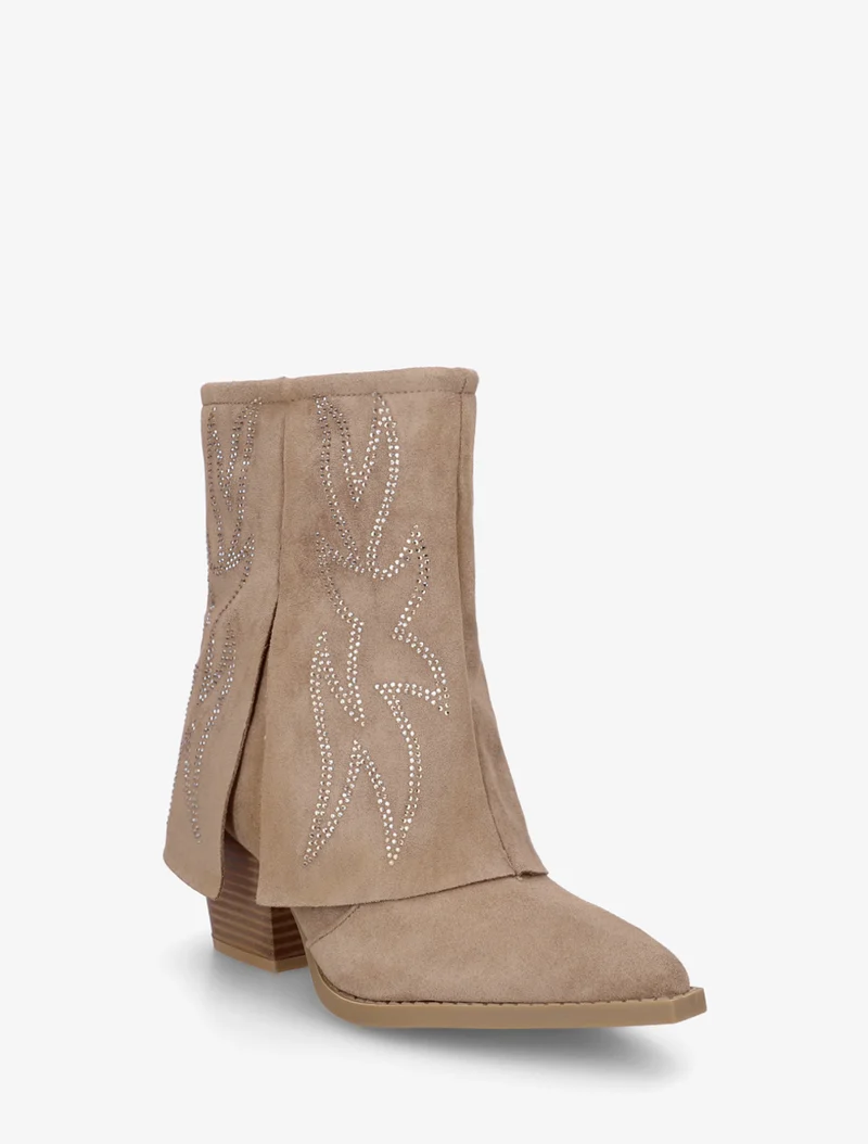 Bottines style santiags à strass - Taupe