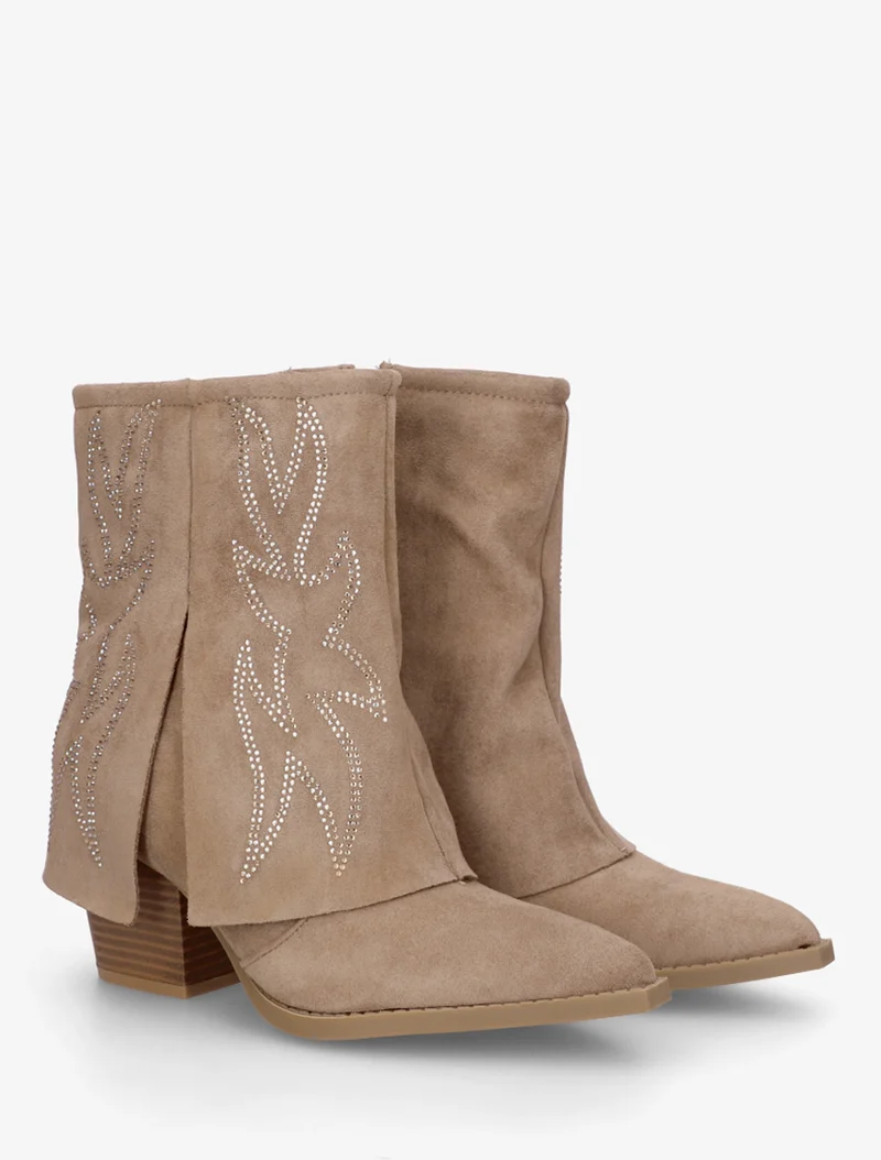 Bottines style santiags à strass - Taupe