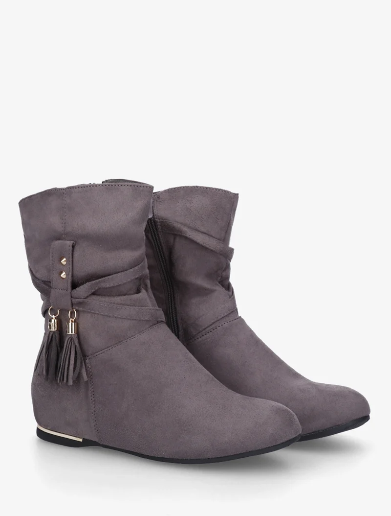 Bottines montantes en suédine à franges - Gris