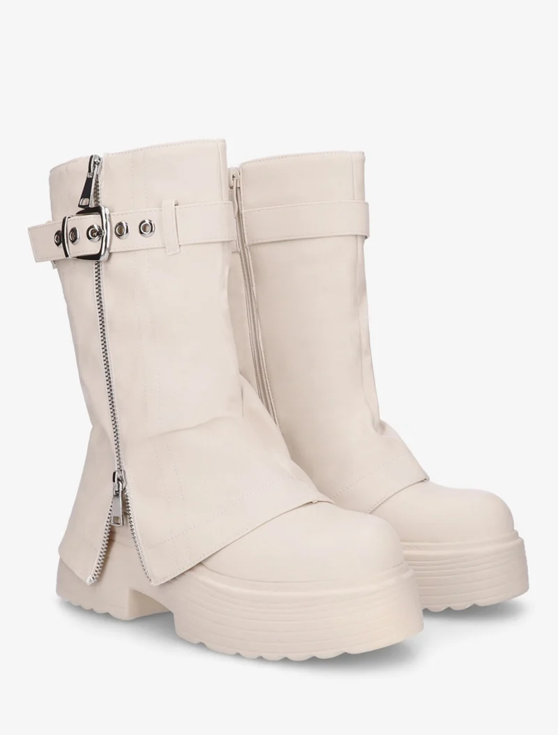 Bottines montantes à revers et zip décoratif - Beige