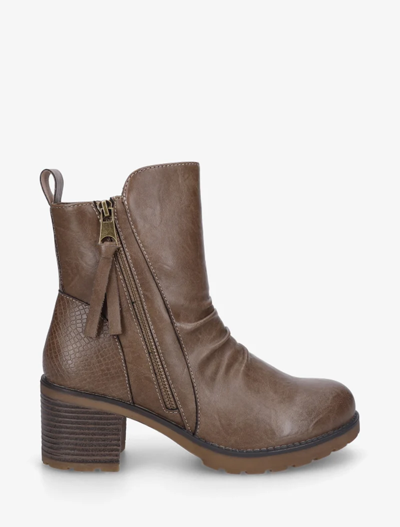 Bottines effet froissé et zip décoratif - Taupe foncé