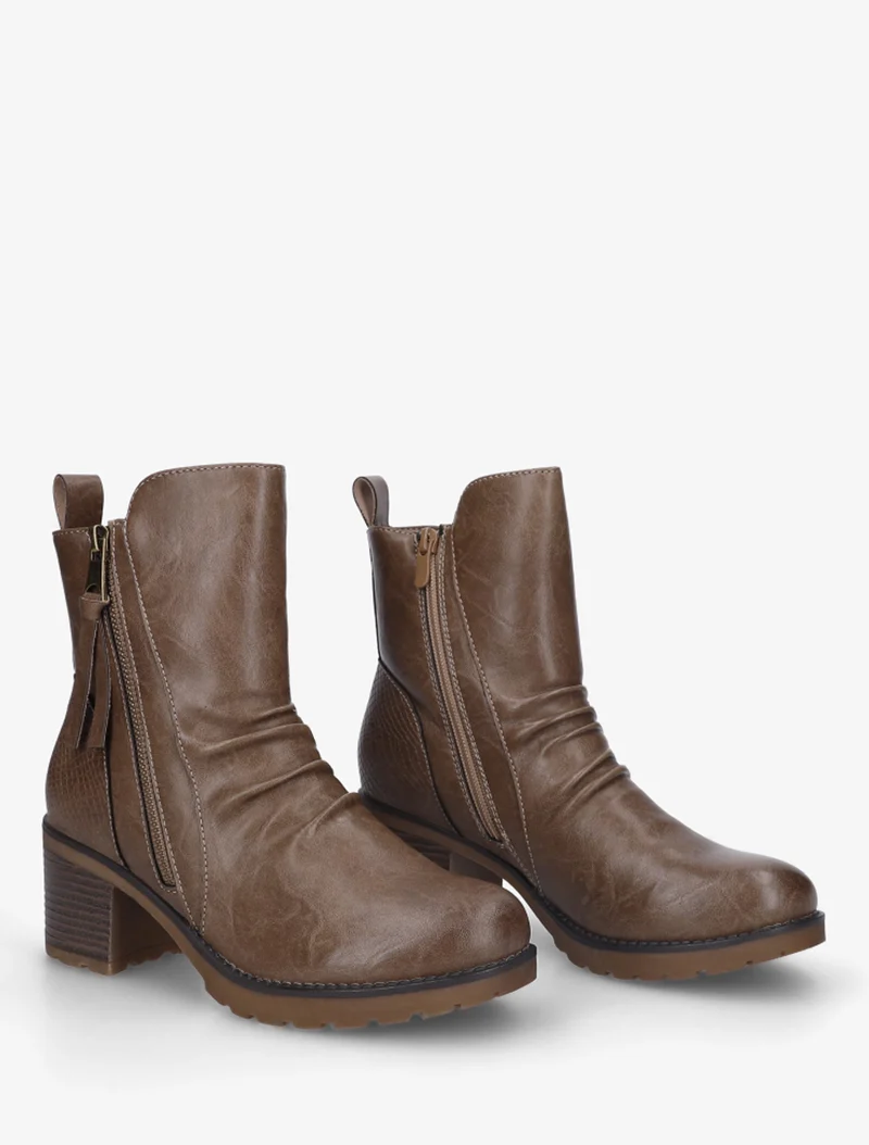 Bottines effet froissé et zip décoratif - Taupe foncé